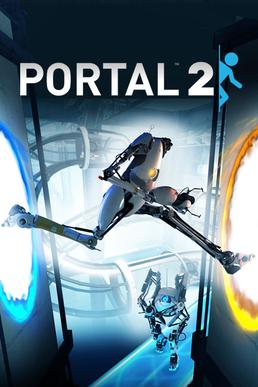 the box art for Portal 2. a tall, skinny robot with an orange eye jumps from a blue portal to an orange portal. below, there is a short, stout robot with a blye eye. both robots are holding portal guns.